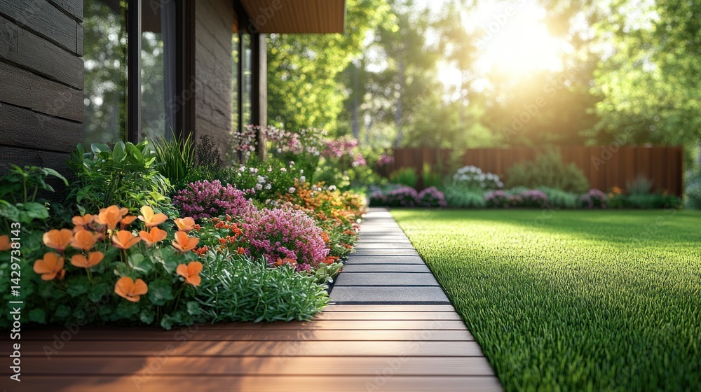 Sunlit modern home garden path with blooming flowers Sunlit modern home garden path with blooming flowers