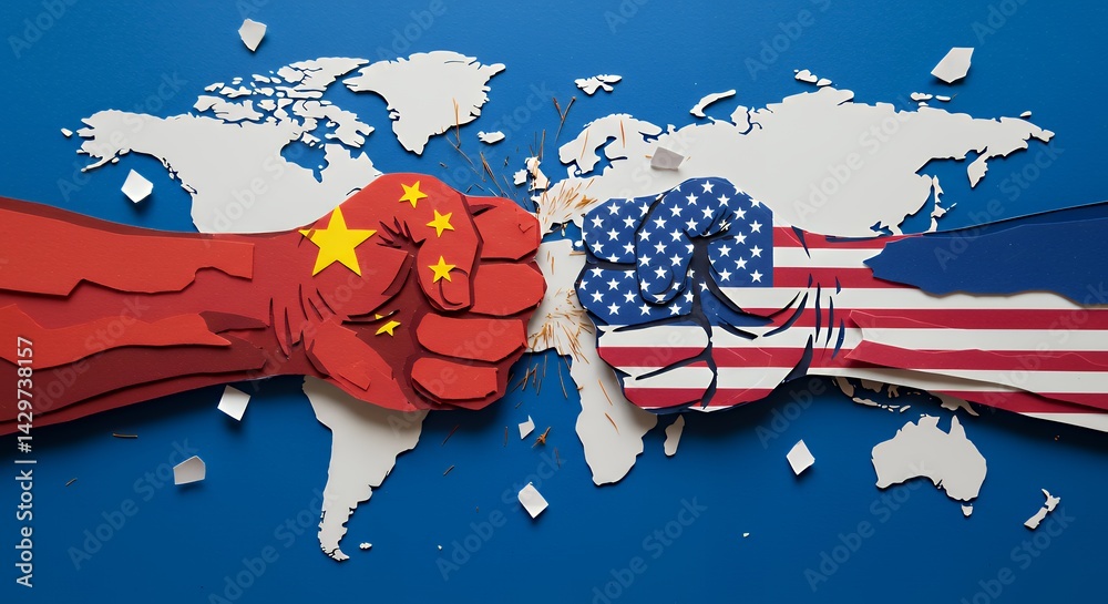 Paper Cutout Fists Colliding Over World Map Representing Global Conflict