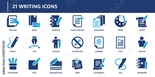 Writing icons pack in solid style including book, handwriting, pencil, document, note, calligraphy, author, pen, and notebook tools.