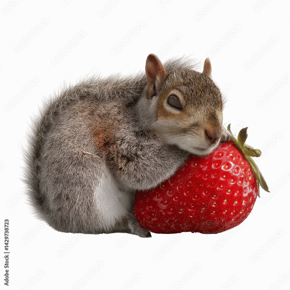 Obraz premium Adorable Grey Squirrel Napping on a Juicy Strawberry