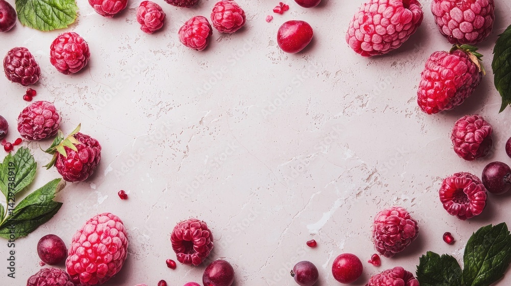 Fresh Raspberry and Cranberry Arrangement on Light Pink Background with Texture and Green Mint Leaves Fresh Raspberry and Cranberry Arrangement on Light Pink Background with Texture and Green Mint Leaves