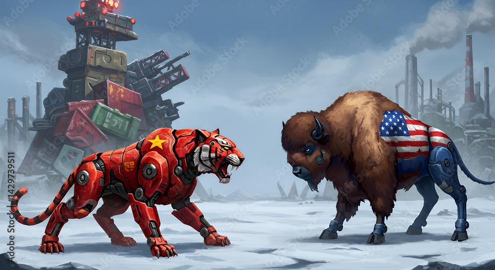 Tiger and Buffalo Confrontation in Industrial Landscape with Symbolic Tension