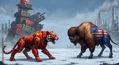 Obraz na płótnie Tiger and Buffalo Confrontation in Industrial Landscape with Symbolic Tension w salonie