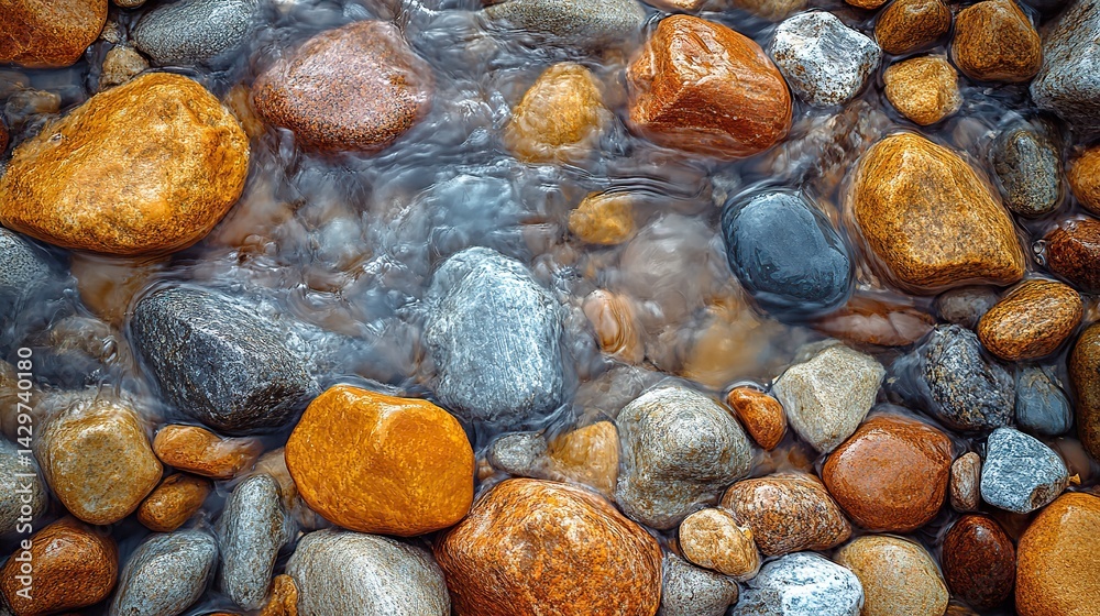 Abstract patterns of flowing water and scattered pebbles create a natural design Abstract patterns of flowing water and scattered pebbles create a natural design