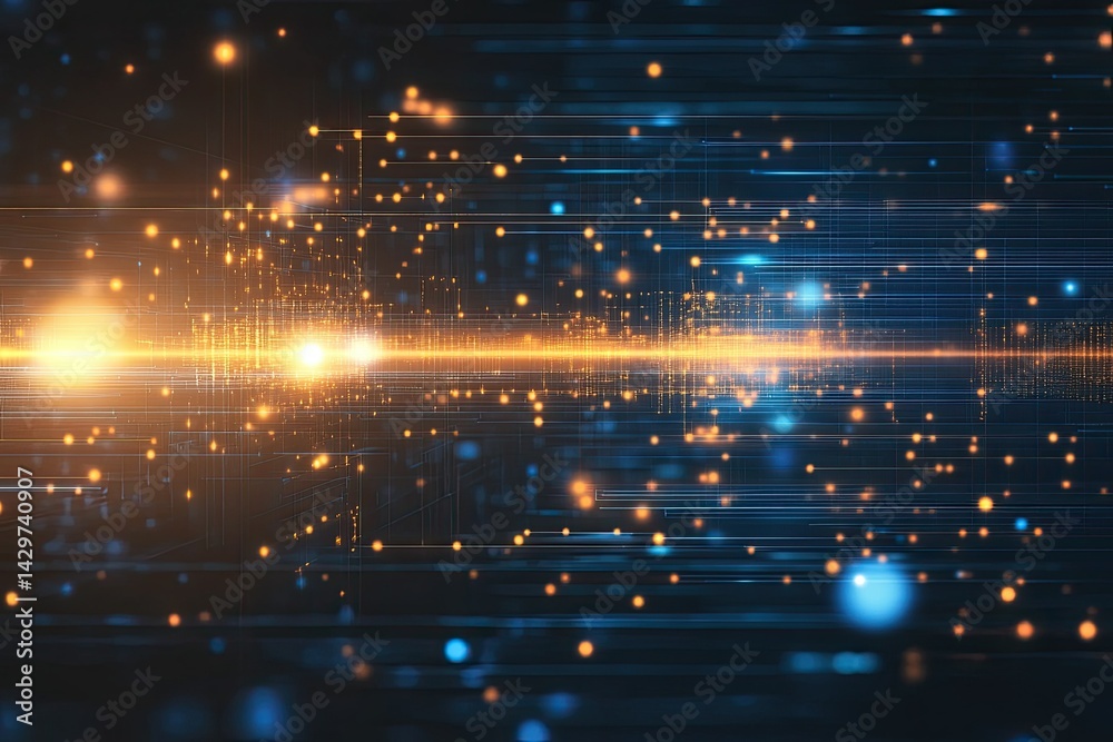 Obraz premium Abstract Data Stream Visualization with Glowing Particles and Linear Connections