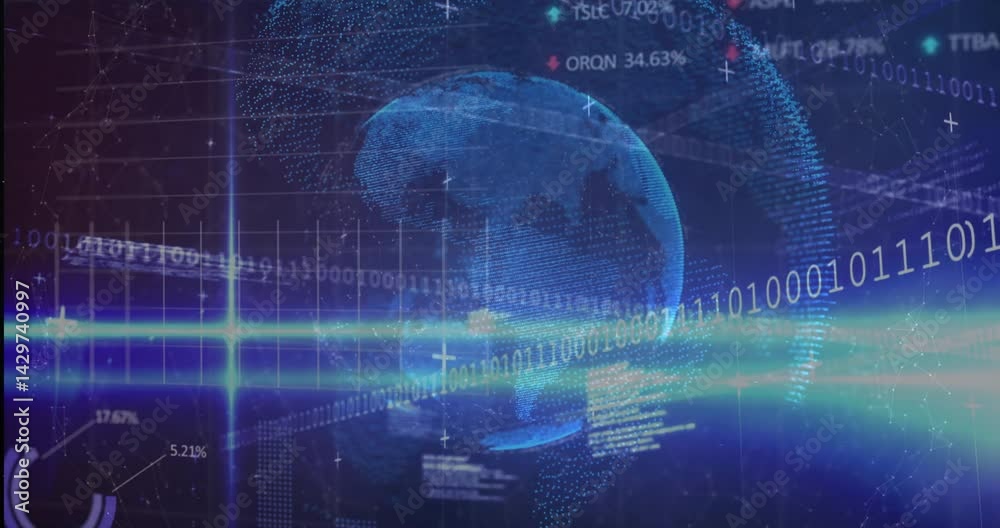 Blue 3D point?cloud globe rotating over dark grid, streaming glowing data labels and binary lines Blue 3D point?cloud globe rotating over dark grid, streaming glowing data labels and binary lines