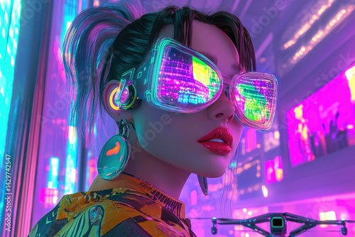 Cyberpunk girl with futuristic glasses in a neon-lit city.