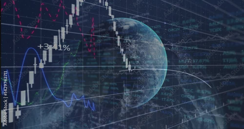 Global finance 3D render showing rotating Earth globe with moving candlestick bars and line graph