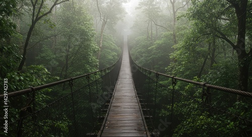 Misty suspension bridge in a dense, green forest with a luminous glow at the end