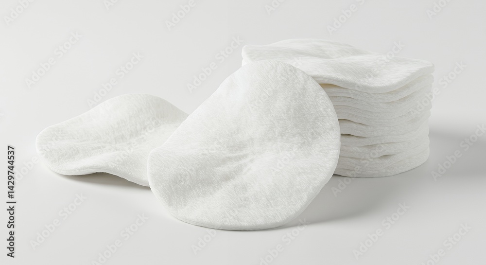 Obraz premium Pristine White Cotton Pads Stacked Elegantly on a Smooth White Surface with Soft Lighting