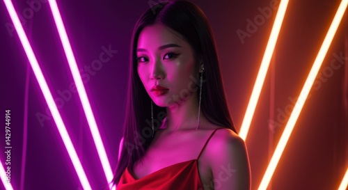 Young woman in red dress with dangling earrings in neon-lit studio