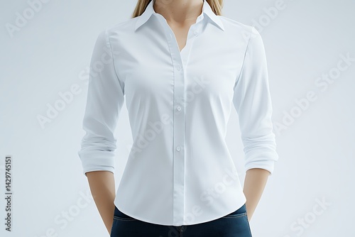 Woman in white shirt, midsection, studio shot, mockup, for clothing design