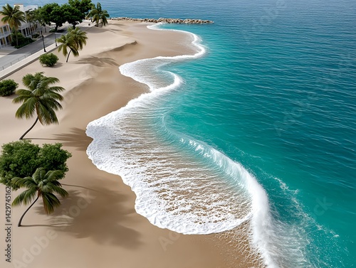 A tropical coastline at sunset, with turquoise waves and swaying palms