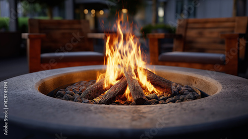 Cozy Fire Pit at Night: A warm and inviting fire crackles merrily in a circular fire pit, surrounded by comfortable outdoor seating, perfect for a relaxing evening.