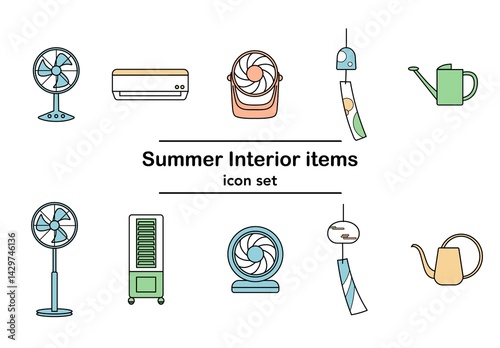 夏の暑さ対策インテリア、シンプルな手書きの線画イラストセット_扇風機、エアコン、サーキュレーター、風鈴、ジョウロ（カラー）