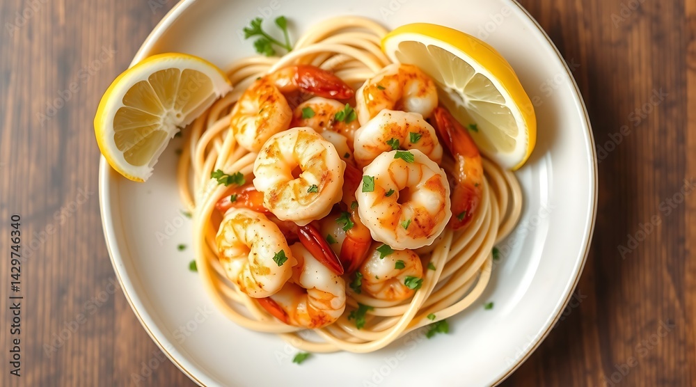 Delicious Shrimp Scampi with Spaghetti and Lemon Wedges Close Up Delicious Shrimp Scampi with Spaghetti and Lemon Wedges Close Up