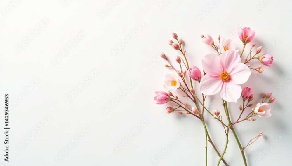 Fototapeta premium Delicate, minimalist floral sprigs on white backdrop, texture, fabric