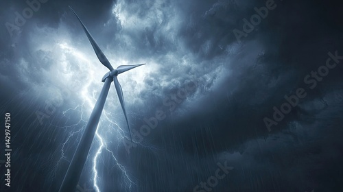 Powerful wind turbine endures a dramatic thunderstorm. photo