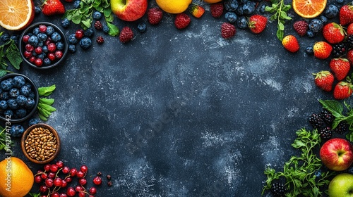 Wallpaper Mural Vibrant Assortment of Fresh Fruits and Berries Arranged on a Dark Textured Background with Green Leaves Accents Torontodigital.ca