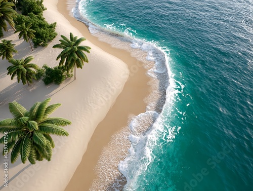 A tropical coastline at sunset, with turquoise waves and swaying palms