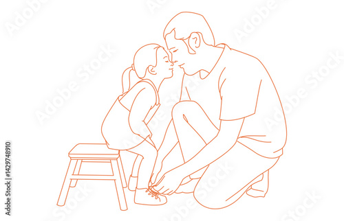 The father ties his daughter's shoes. Her father is lacing her daughter's shoes