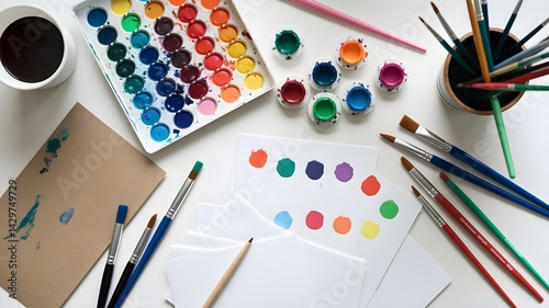  Flat lay top view of artist workspace with watercolor palette, brushes, paint pots, paper swatches, sketchbook, and coffee cup on white desk background