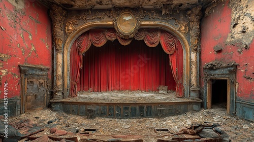 An old, abandoned theater with peeling paint and dusty velvet curtains