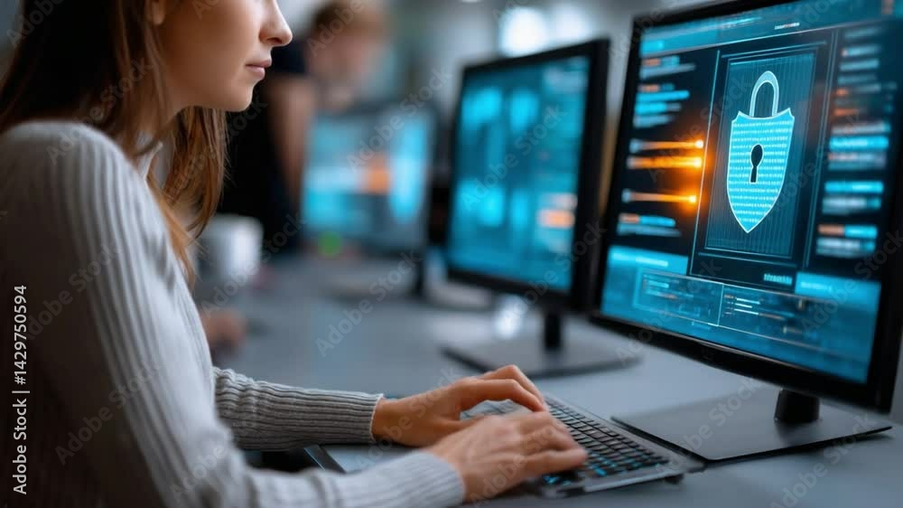 Cybersecurity in Focus: A dedicated professional diligently works at her workstation. Cybersecurity in Focus: A dedicated professional diligently works at her workstation.