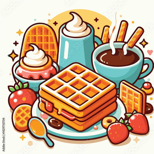 food, waffle, dessert, breakfast, sweet, snack, pastry, background, bakery, homemade, delicious, tasty, belgian, meal, fresh, crispy, lunch, baked, wafer, illustration, white, cream, cake, closeup, su