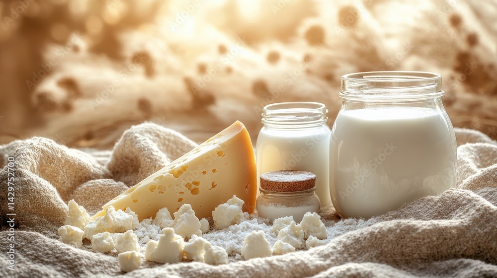 Fresh Dairy Products on Soft Textile Background