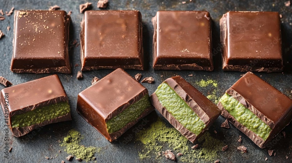 Artfully Arranged Chocolate Confectionery with Green Filling