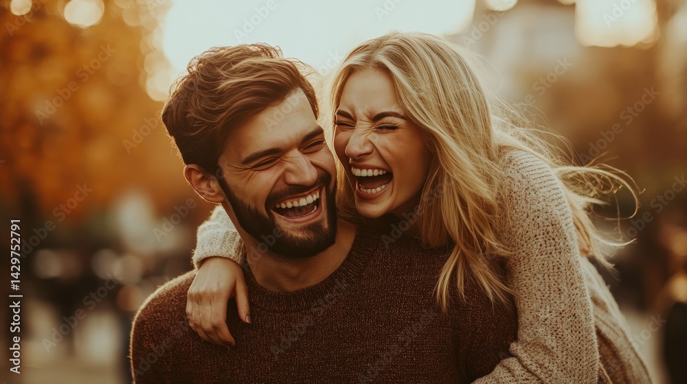 Joyful Couple Smiling Together in Warm Autumn Light