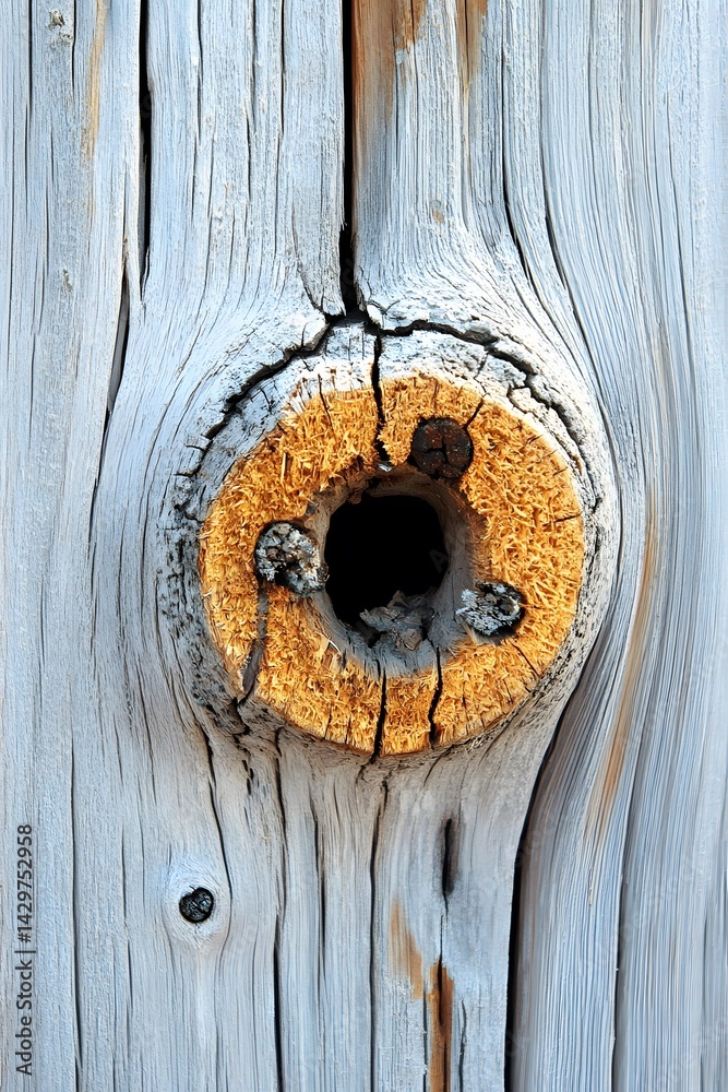 Fototapeta premium Weathered Knot Hole in Rustic Wooden Plank Grey Background Texture