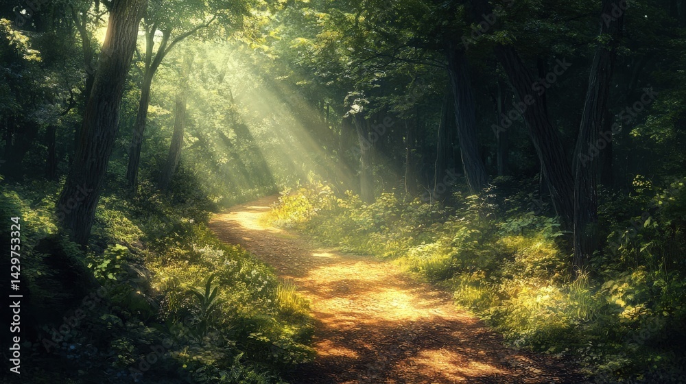 Obraz premium Sunlight streams through a verdant forest path.