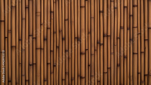 A close-up view of bamboo stalks arranged vertically, showcasing their natural texture and warm, earthy tones.