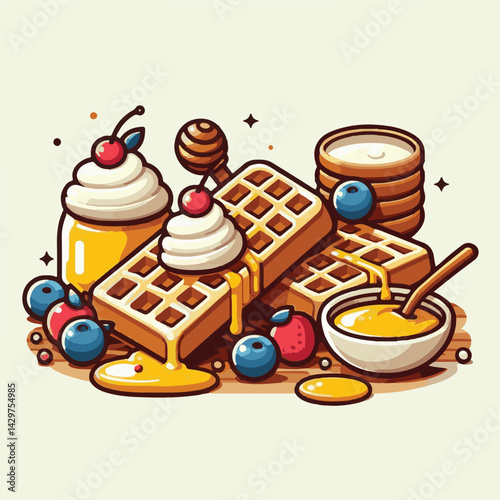 food, waffle, dessert, breakfast, sweet, snack, pastry, background, bakery, homemade, delicious, tasty, belgian, meal, fresh, crispy, lunch, baked, wafer, illustration, white, cream, cake, closeup, su