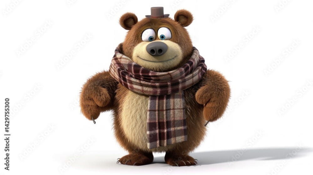 Fototapeta premium Funny animated bear character with a scarf stock photo --ar 16:9 --raw --v 6 Job ID: 6282781f-90f5-41b5-b5f4-d1cadc84e356