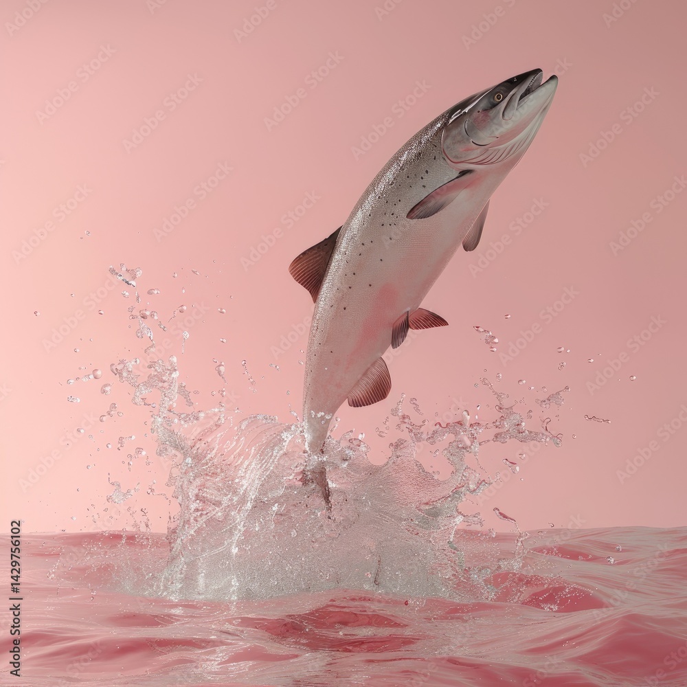 Fototapeta premium A salmon leaping out of the water against a pink background in a 3D rendering. The high resolution image is ultra detailed with no blur or graininess and no sharpness 