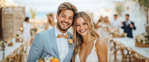 Beach wedding couple smiles brightly