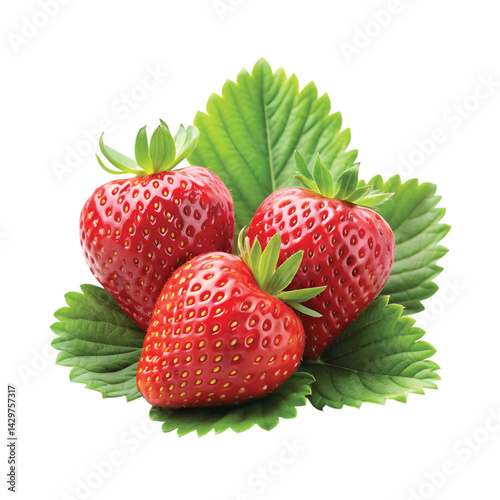 Realistic close-up of fresh strawberries with leaves, PNG file for mock-up.