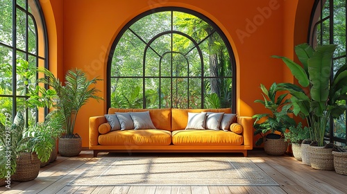bright orange living room with modern furniture and large arched windows decorated with green plants