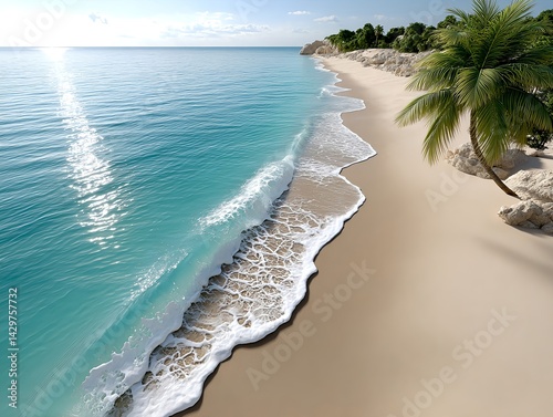 A tropical coastline at sunset, with turquoise waves and swaying palms