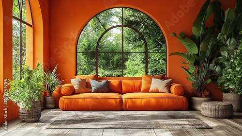 bright orange living room with modern furniture and large arched windows decorated with green plants