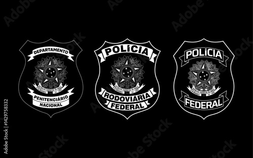 Brasão da Policia do Brasil. Policia Federal PF, Policia Rodoviaria Federal PRF e Depen em vetor editável para concurso publico da policia brasileira 