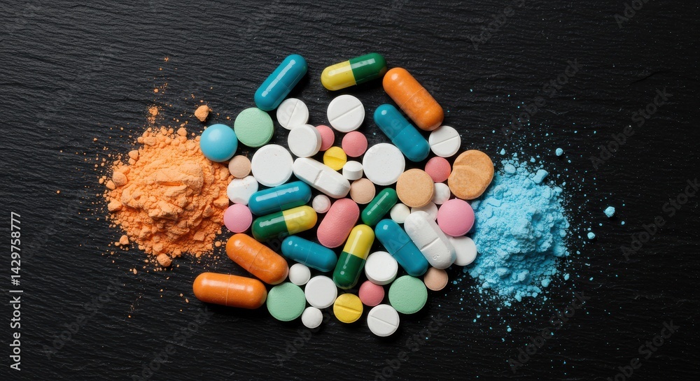 Assorted pills and capsules scattered on a dark textured surface with orange and blue powder Assorted pills and capsules scattered on a dark textured surface with orange and blue powder