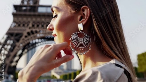 Chic travel influencer at iconic location wears statement earrings and bracelets, smiling in breeze as jewelry shines subtly in elegant wanderlust scene

