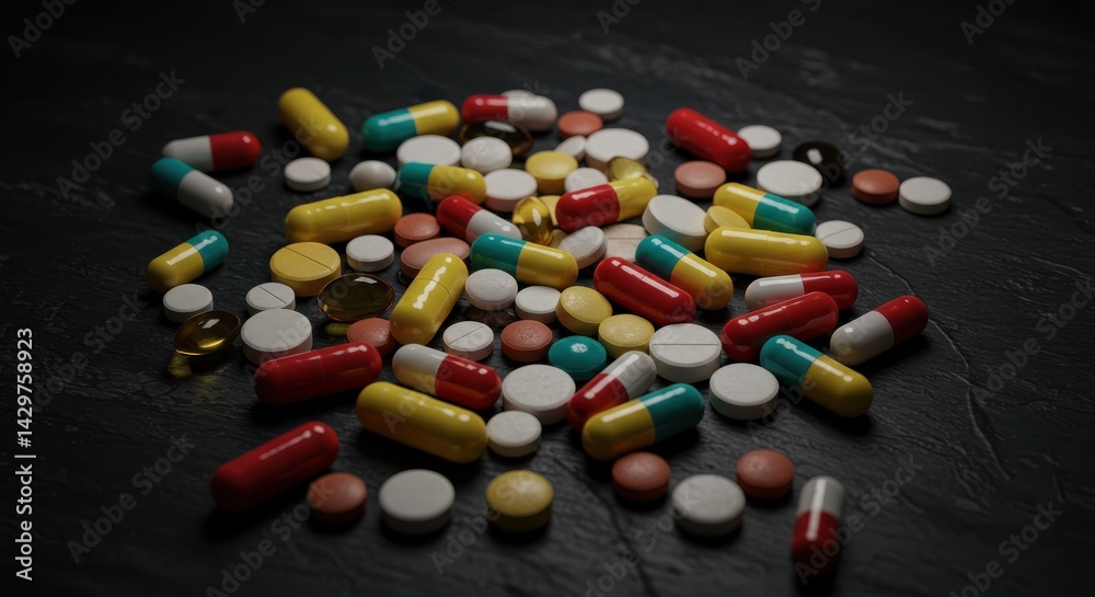 Assorted pills and capsules scattered on a dark, textured surface Assorted pills and capsules scattered on a dark, textured surface