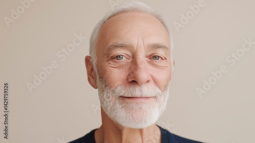 Senior man with a gentle smile posing in a light-toned indoor setting during daytime.