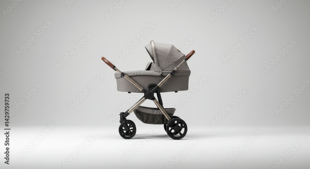 Modern baby stroller with metallic frame, light brown handlebars, and black wheels Modern baby stroller with metallic frame, light brown handlebars, and black wheels