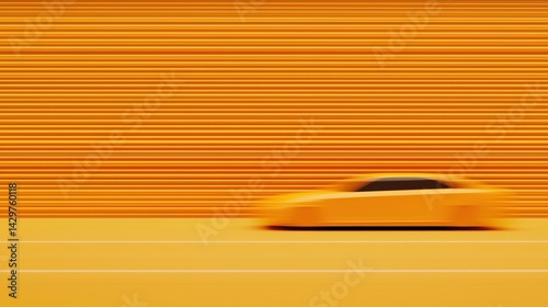 A sleek yellow car speeds past a striped orange wall, creating a dynamic sense of motion and vibrant color contrast.